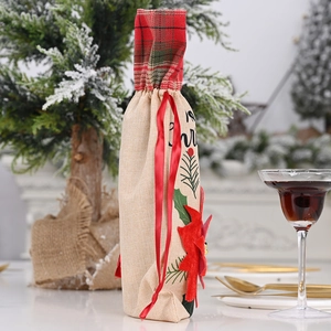 Burlap Christmas wine bottle bag with red flower, plaid trim, and Merry Christmas print