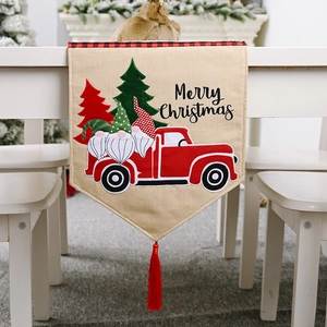 Weihnachts Tischläufer Sackleinen Roter LKW Wichtel Druck Dekoration Mit Quaste Karo Bordüre Für Esstisch Zuhause Deko