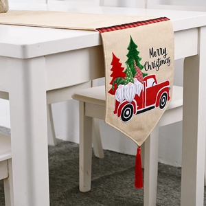 Rustikaler Weihnachts-Tischläufer aus Sackleinen mit rotem LKW, Gnomen und Bäumen