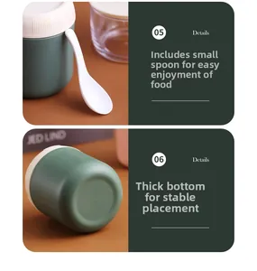 Détail de la base antidérapante de la tasse à soupe et de sa cuillère crème assortie
