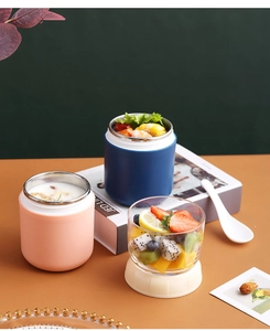 Tasses à soupe bicolores en acier 304 avec bol à fruits en verre et cuillères blanches