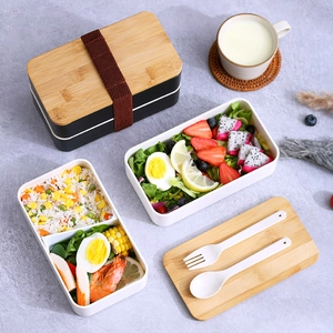 Double-layer bento box with bamboo lid and cutlery for healthy meal prep lunch
