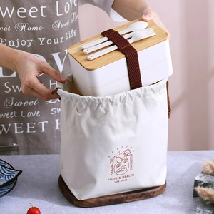 Japanese style double-layer bento box with bamboo lid, cutlery and canvas carry bag