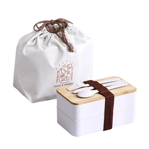 Japanese double-layer lunch box with bamboo lid, cutlery set and portable food bag