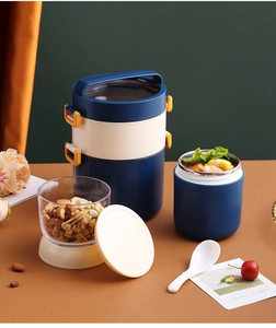 Vue détaillée des boîtes à lunch empilables en acier inox 304 avec poignée et cuillère