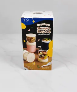 Détail de l'emballage du gobelet à soupe montrant le design empilable et divers coloris