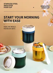 Close-up of insulated stainless steel soup jars in dark green, navy blue, and ginger yellow