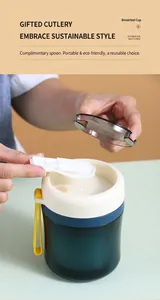 Detail of 304 stainless steel thermal soup cup with foldable spoon and silicone handle