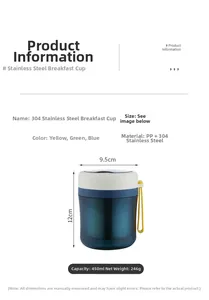 Detailed size chart for 450ml blue stainless steel thermal soup cup with 304 steel liner