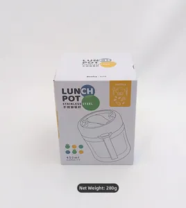 Front view of 450ml stainless steel lunch pot packaging with minimalist product design