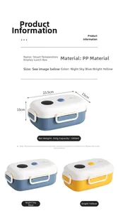 Detailed specs of 1000ml smart temperature display lunch box in blue and yellow