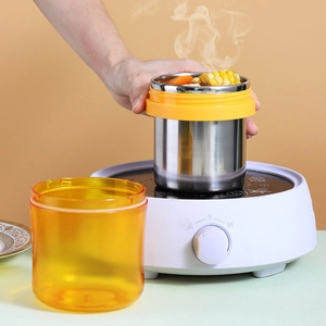 Portable 304 stainless steel heated soup cup and breakfast mug with electric heating base