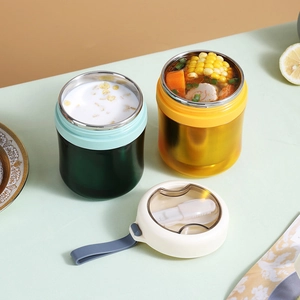 Portable 304 stainless steel insulated soup mugs in green and yellow with built-in spoons