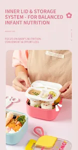 Detail showing the inner divider lid of the pink and blue baby bento box with spoon storage
