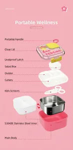 Exploded view of pink S30408 stainless steel lunch box with interior tray and food scissors