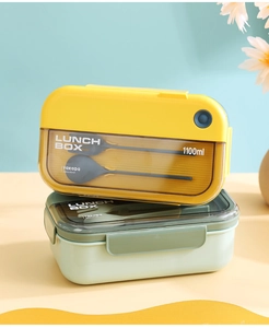Detail view of 1100ml bento box featuring a transparent lid with spoon and fork storage