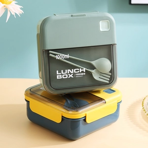 Stack of 1000ml double-layer bento boxes with built-in cutlery and clear airtight lids