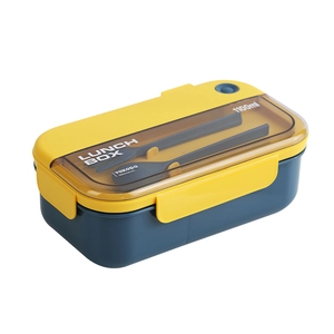 1100ml Japanese bento lunch box with utensils and transparent lid in blue and yellow