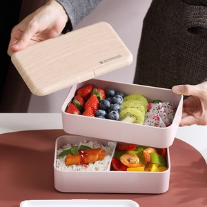 Portapranzo giapponese a doppio strato con coperchio effetto legno e divisori