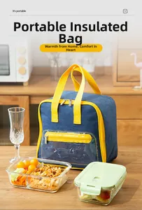 Detail of portable insulated lunch bag with clear PVC pocket and yellow handles