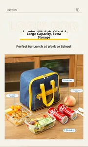 Detailed view of lunch bag with insulated lining holding lunch boxes and drinks