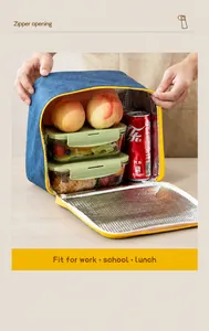 Side view of blue insulated lunch bag with thick aluminum foil lining and spacious interior