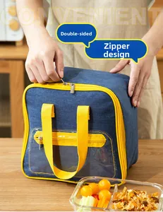 Close-up of the convenient dual-zipper closure on a navy and yellow thermal lunch bag
