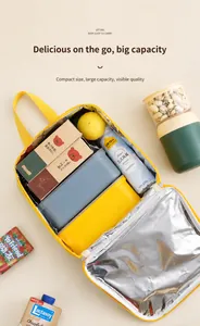 Detail of insulated yellow lunch bag with thick aluminum foil lining for food storage