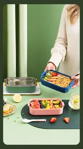Detail of 304 stainless steel lunch box set with sealed lids and matching utensils