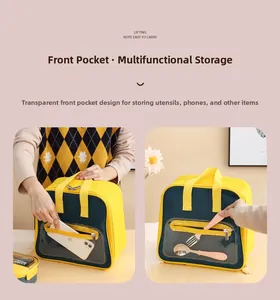 Detail view of lunch bag with transparent front zipper pocket for small item storage