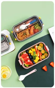 Detail view of pink and blue bento boxes with partitioned sections and utensil storage
