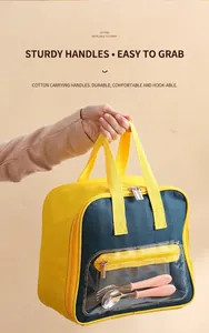 Detail of insulated lunch bag featuring thick cotton handles and front cutlery pocket
