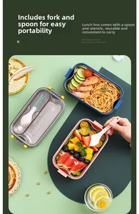Detail of 304 stainless steel lunch box with detachable layers and matching spoon