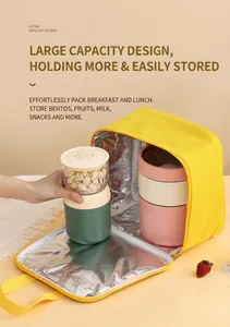 Detailed interior of yellow lunch bag with thick aluminum foil insulation and round food jars