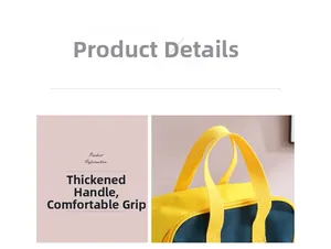 Detail of the thickened handle for comfortable grip on a yellow and green lunch bag