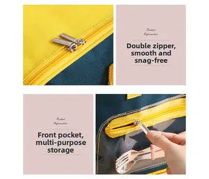 Detail of dual metal zippers and front PVC storage pocket on the insulated lunch bag