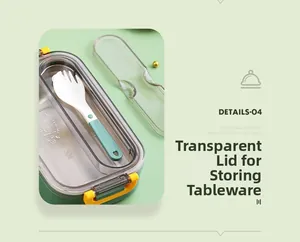 Detail view of transparent lid and built-in cutlery storage for stainless steel lunch box
