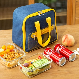 Ins style blue and yellow insulated lunch bag with transparent window and handles