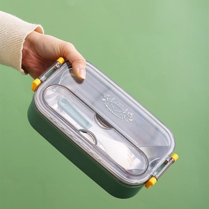 Boîte déjeuner en acier inoxydable 304 vert avec couvercle jaune et set de couverts