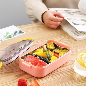 Boîte à lunch rose en acier inoxydable 304 avec fruits sur table pour bureau et étudiant