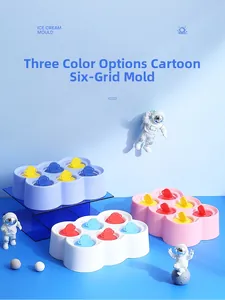 Detailed view of 6-cell silicone ice cream molds in purple, pink and white with star handles