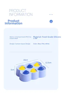 Detailed size chart of 6-cell astronaut silicone ice pop mold with space-themed lids