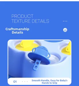 Detailed view of the ergonomic rounded handle on the blue and yellow astronaut popsicle mold