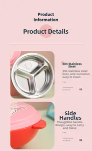 Detail of 304 stainless steel 3-grid inner plate and ergonomic side handles for toddlers