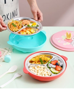Détail de l'assiette divisée en acier 304 pour enfants avec couvercle lapin et poignées