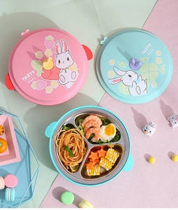 Plateau repas enfant à trois compartiments en inox avec couvercle lapin mignon