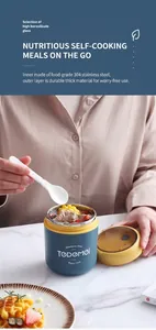 Close-up of dual-layer stainless steel breakfast cup in navy blue with a white spoon