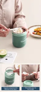 Detail of insulated soup cup with hidden spoon compartment and detachable white spoon