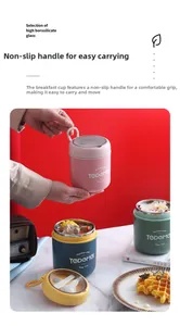 Detail of insulated breakfast cup with built-in spoon and non-slip handle grip