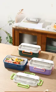 Detail of multi-compartment lunch box with transparent lid and secure side buckles